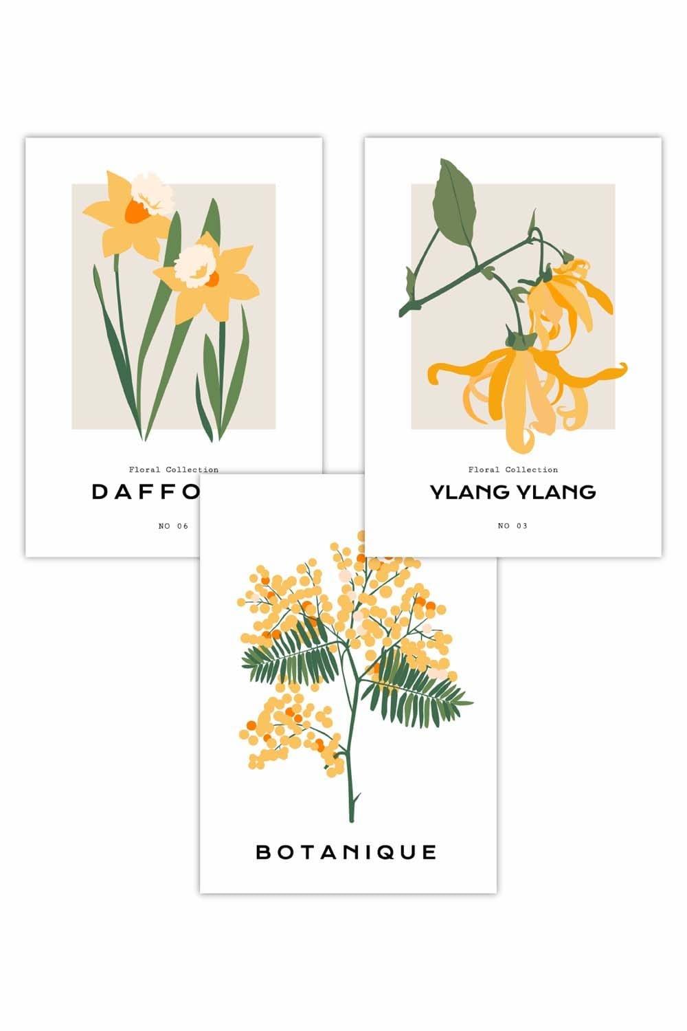 Set of 3 Vintage Graphical Yellow Spring Flower Market Art Posters
